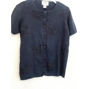 Vintage Jenny Embroidered Sequin‎ Cardigan Sweater Floral Knit Black Small